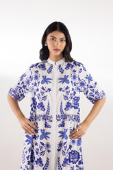 Stitched Printed White & Blue Dress